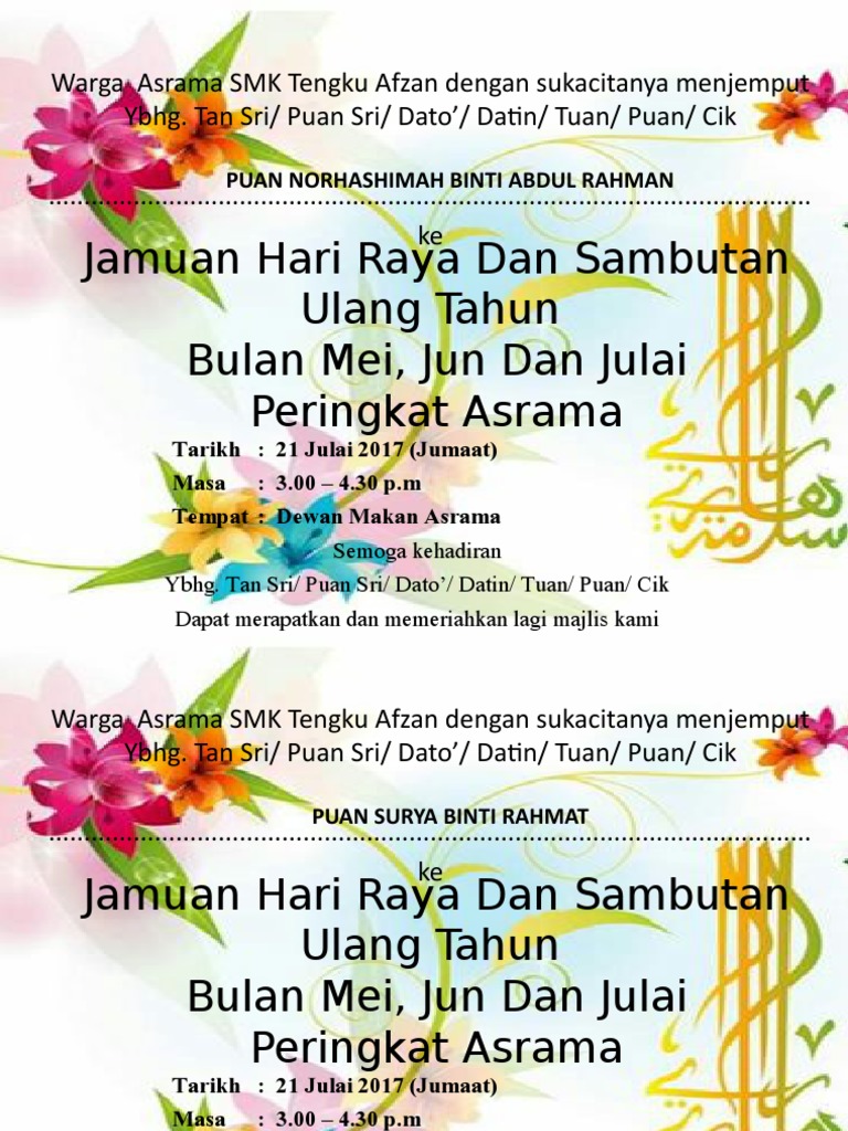 Kad Jemputan Jamuan Hari Raya Dan Sambutan Ulang Tahun Pdf