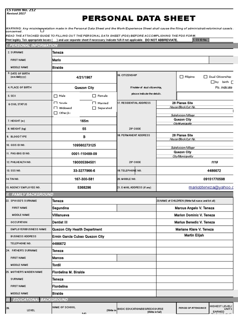 Cs form no 212 revised personal data sheet sample form crimes