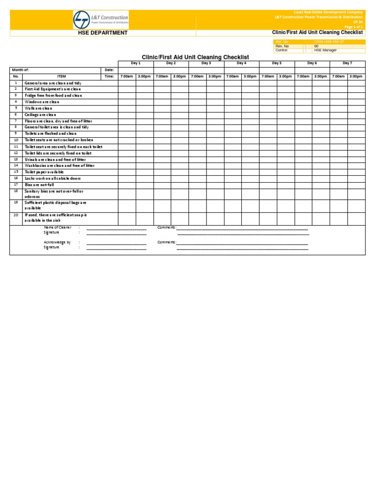 7 Clinic First Aid Unit Cleaning Checklist PDF Toilet Public