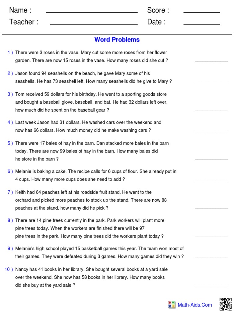 Name: Teacher: Date: Score:: Word Problems | PDF | Cakes | Hay