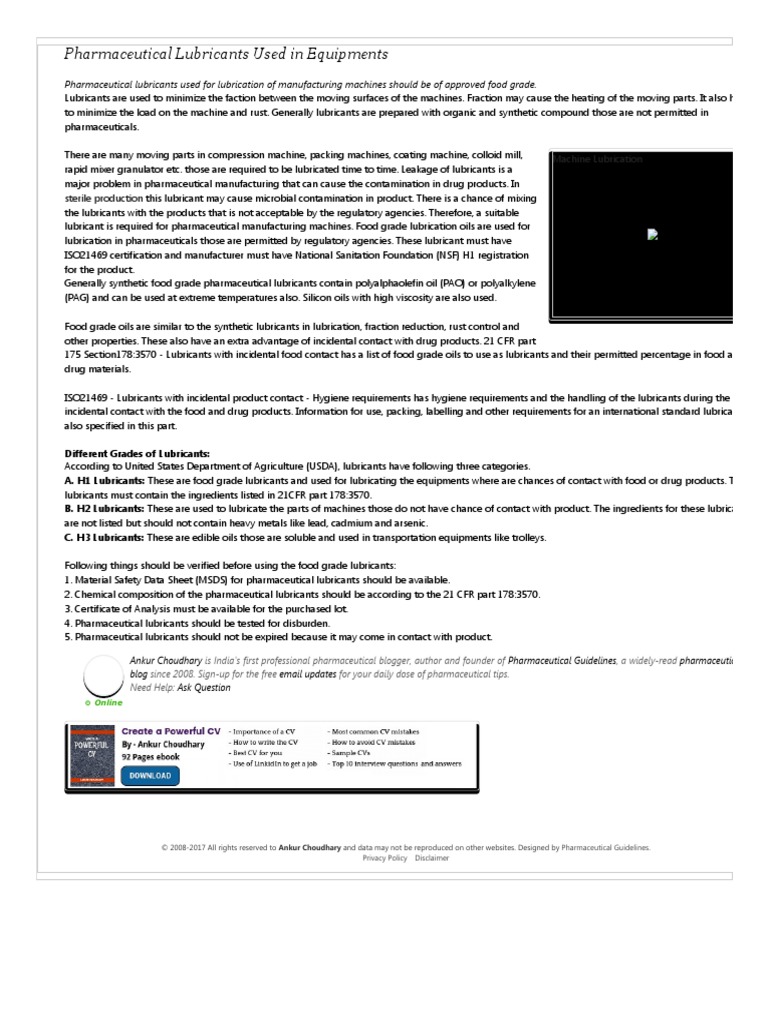 Pharmaceutical Lubricants Used in Equipments Pharmaceutical