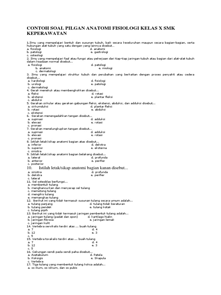 Contoh Soal Pilgan Anatomi Fisiologi Kelas X Smk Keperawatan