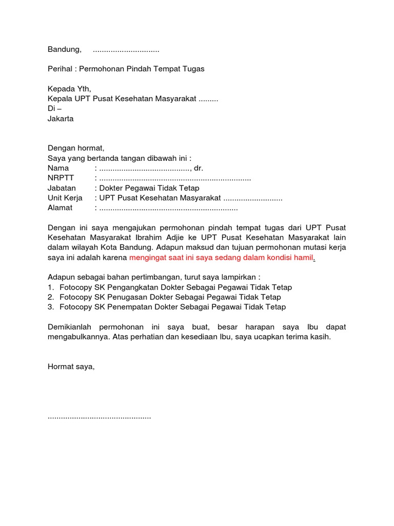 Surat Permohonan Mutasi Unit PKM