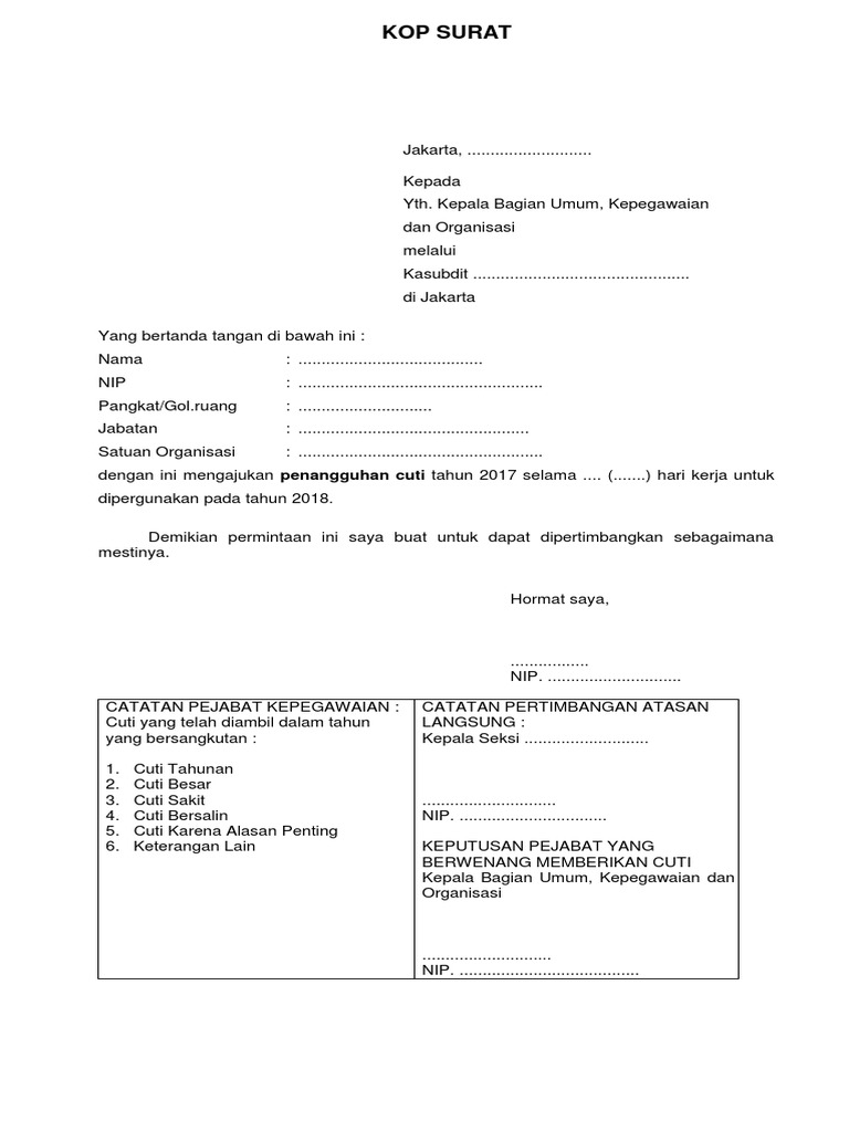 Contoh Surat Permohonan Cuti Tahunan Pns
