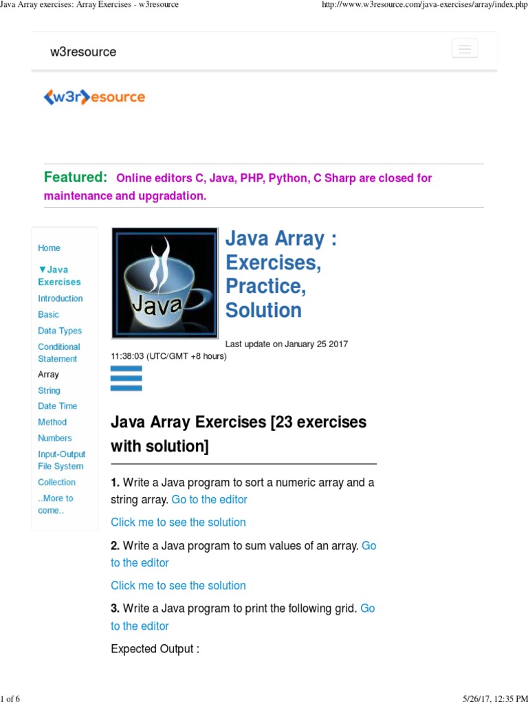 Java Array Exercises - Array Exercises - W3resource | PDF | Matrix ...