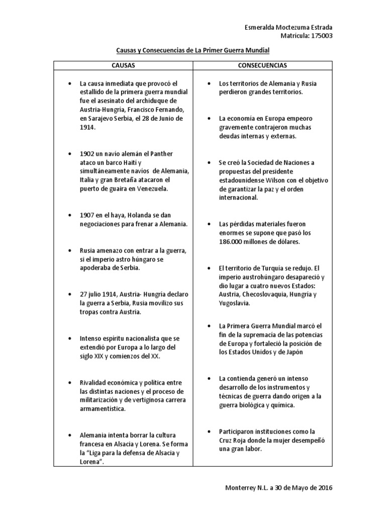 Causas y Consecuencias de la 1ra Guerra Mundial | PDF | Primera Guerra ...
