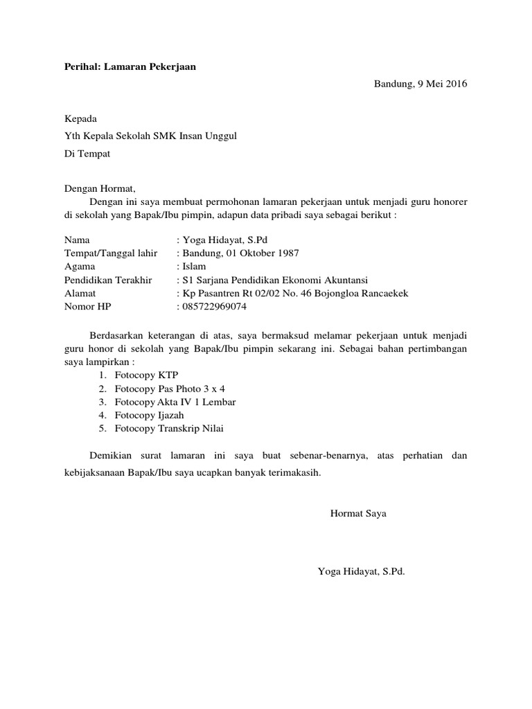 Contoh Surat Lamaran Kerja Guru 1 | Pdf