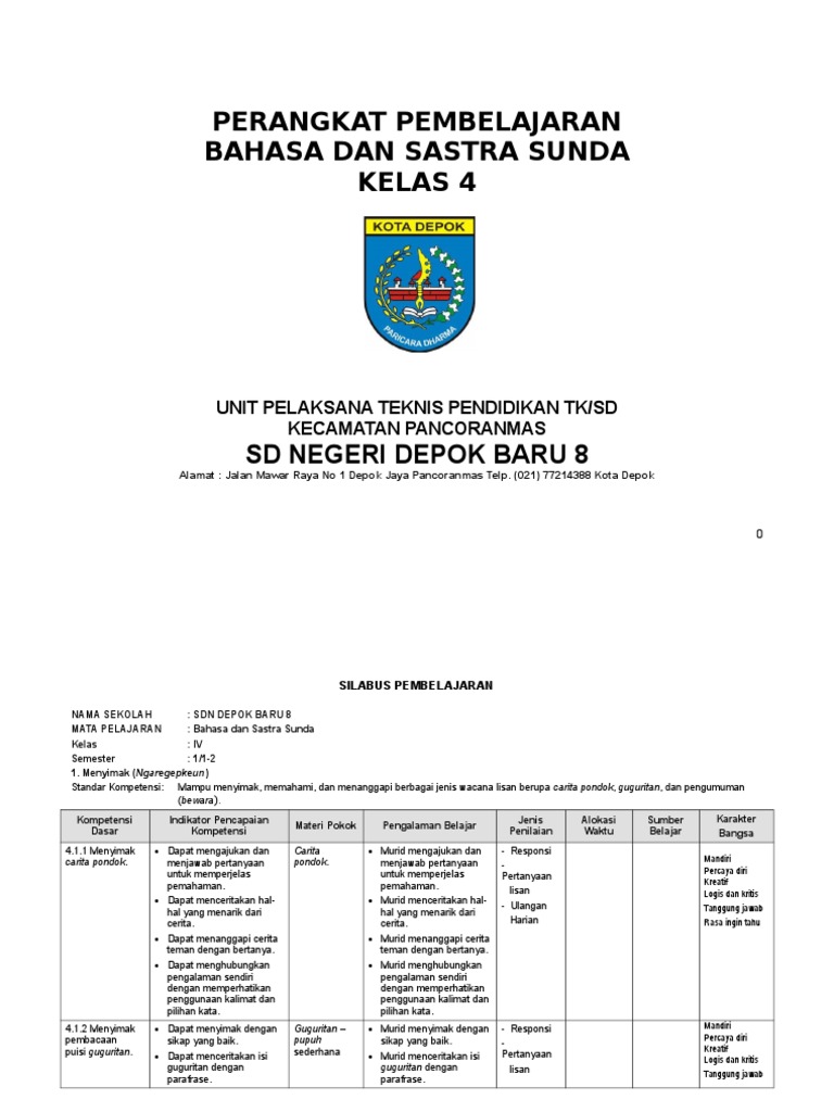 Perangkat Pembelajaran Basa Sunda Basa Sunda SD MI Kelas 4