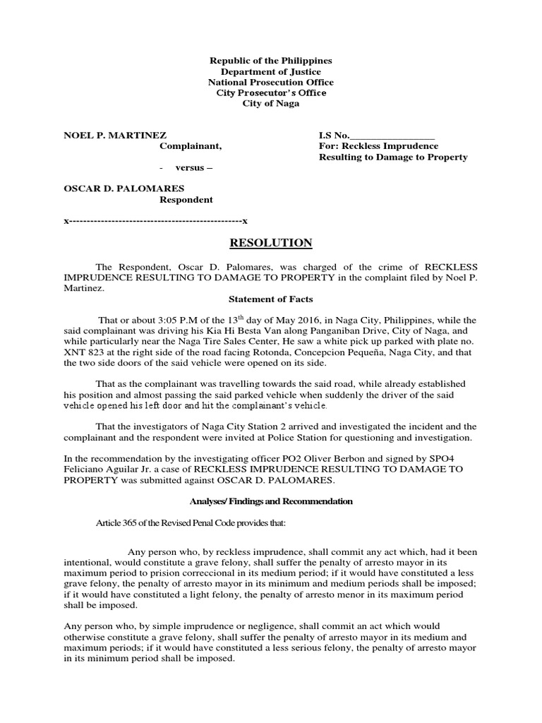 Reckless Imprudence Resulting To Damage To Property PDF Felony