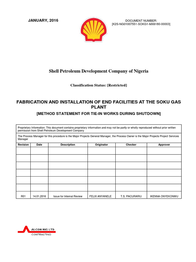 Method Statement for TieIns During Shutdown Data Quality Pipe