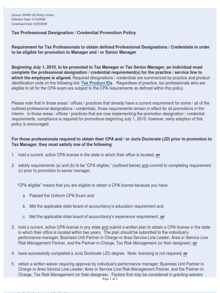 KPMG Tax Promotion Policy Certified Public Accountant Doctorate