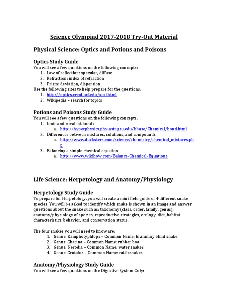Science Olympiad 1718 Tryout Study Guide PDF Optics Snake