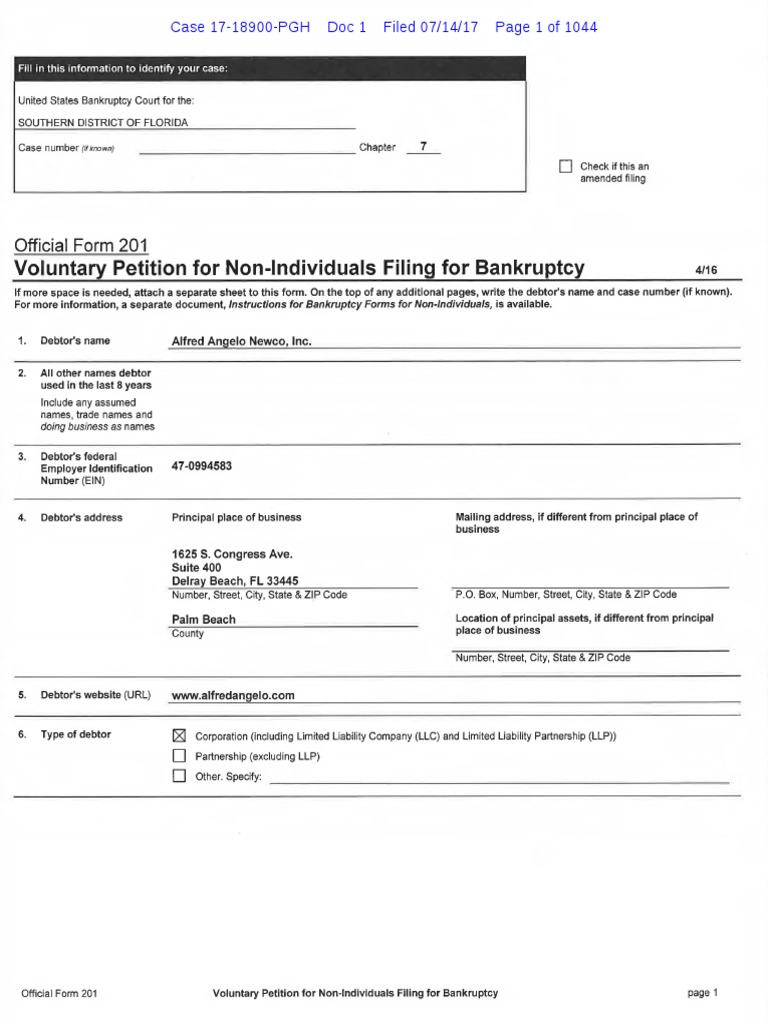 Alfred Angelo CH 7 Filing | PDF | Chapter 11 | Bankruptcy