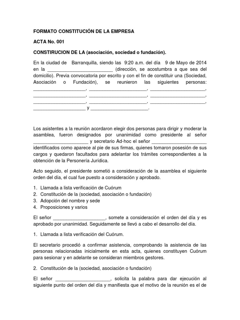 Formato de Constitución de Empresa | PDF | Quórum | Constitución