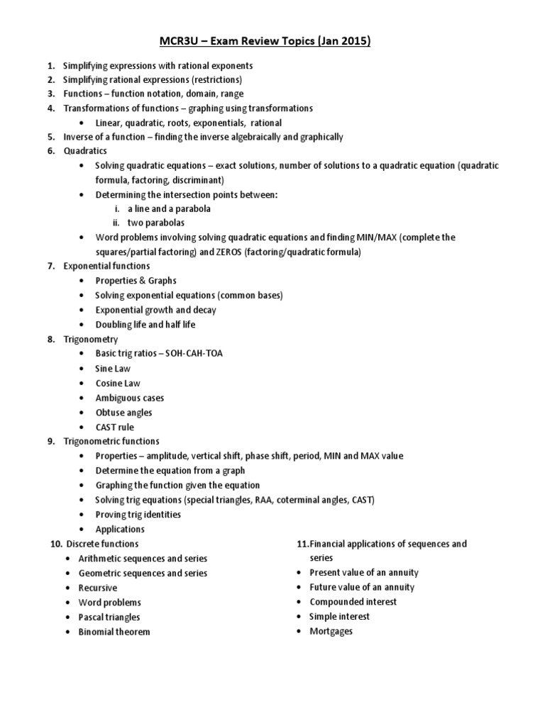 MCR3U Exam Review Topics and Questions | PDF | Trigonometric Functions ...