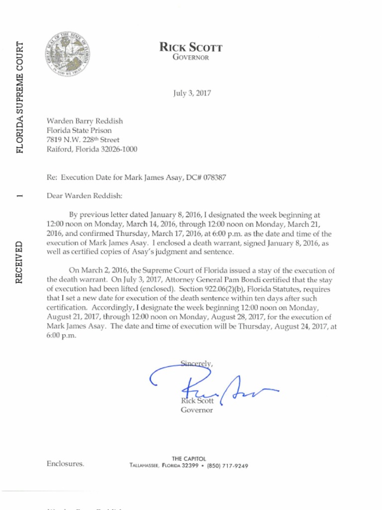 Death Warrant For Florida Death Row Inmate Mark James Asay PDF