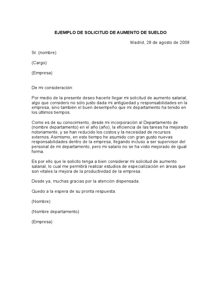Ejemplo de Solicitud de Aumento de Sueldo