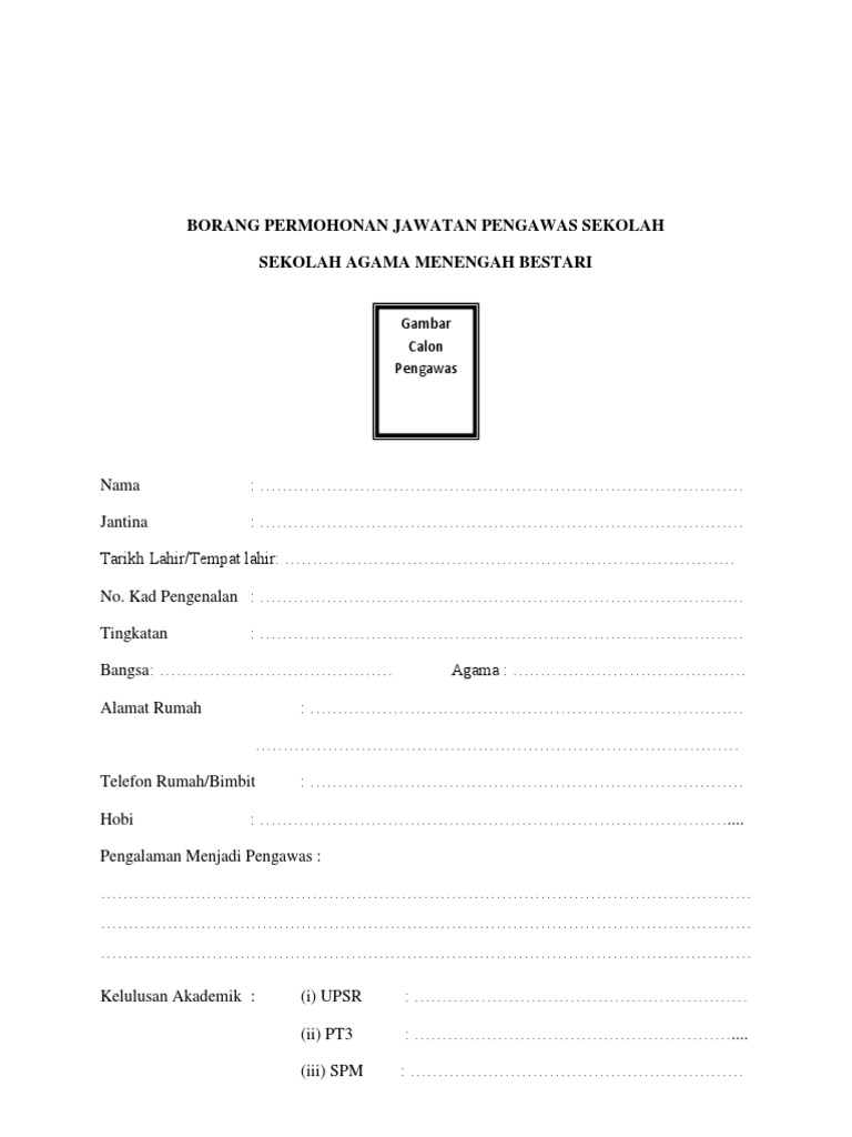 Borang Permohonan Jawatan Pengawas Sekolah Pdf
