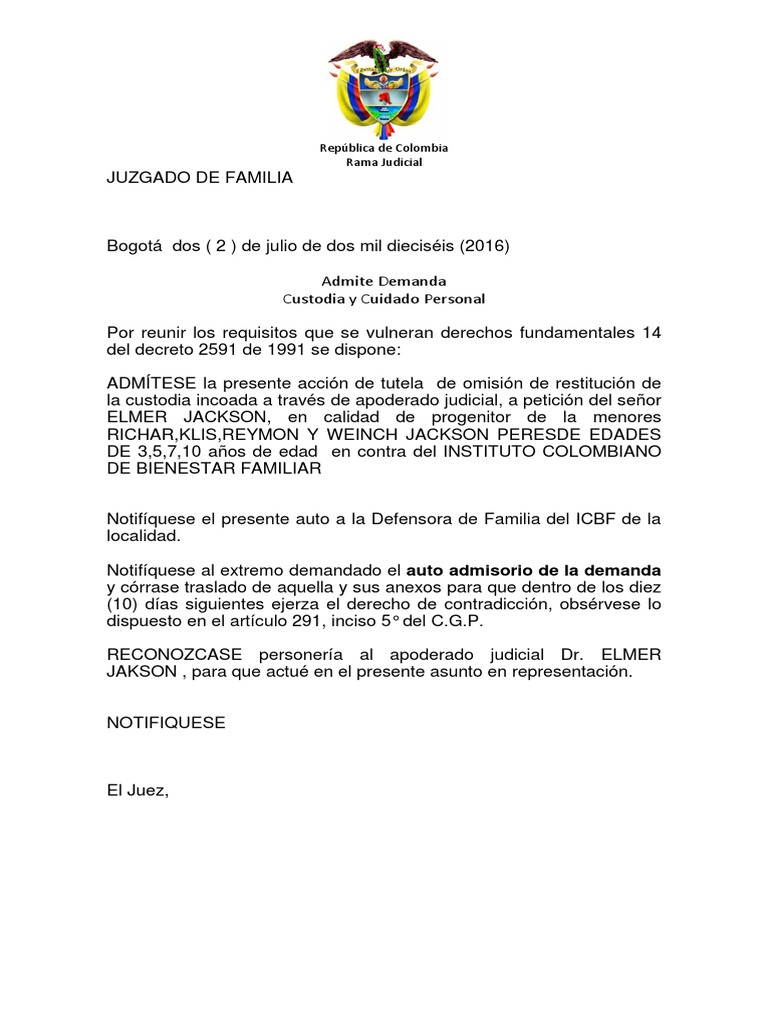 Auto admisorio tutela