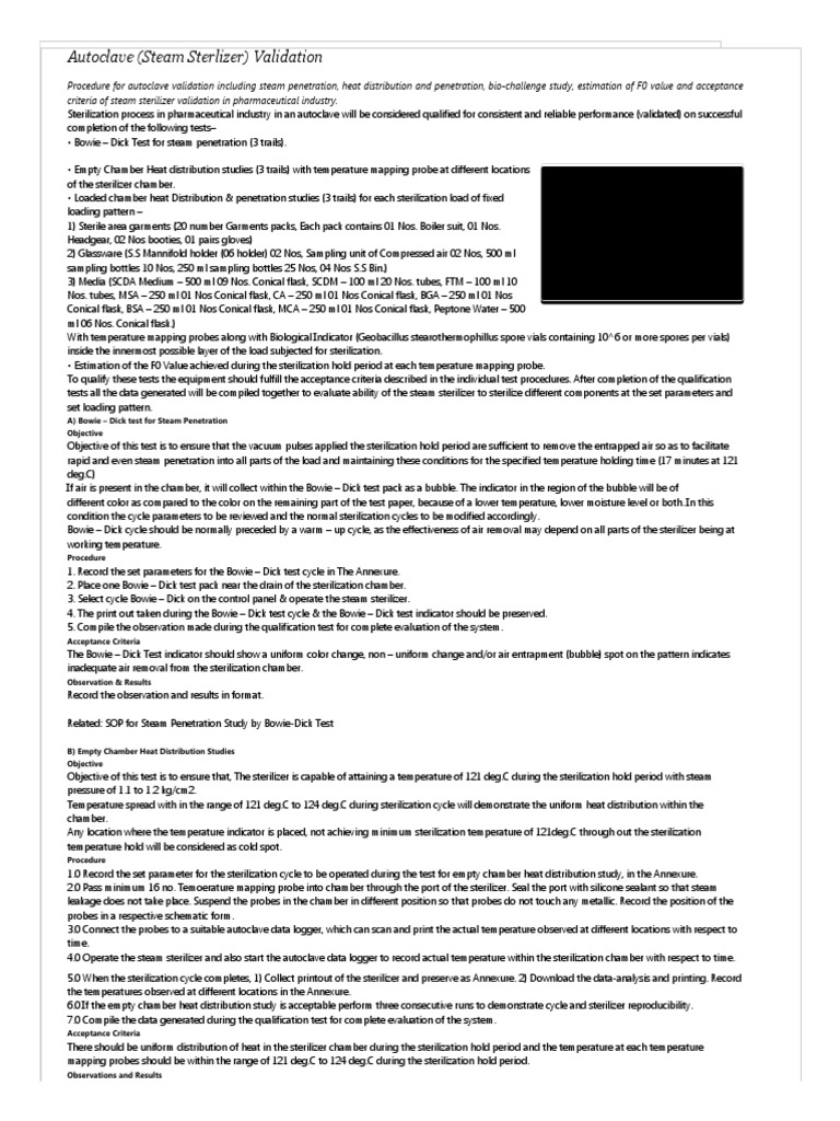 Autoclave (Steam Sterlizer) Validation Pharmaceutical Guidelines