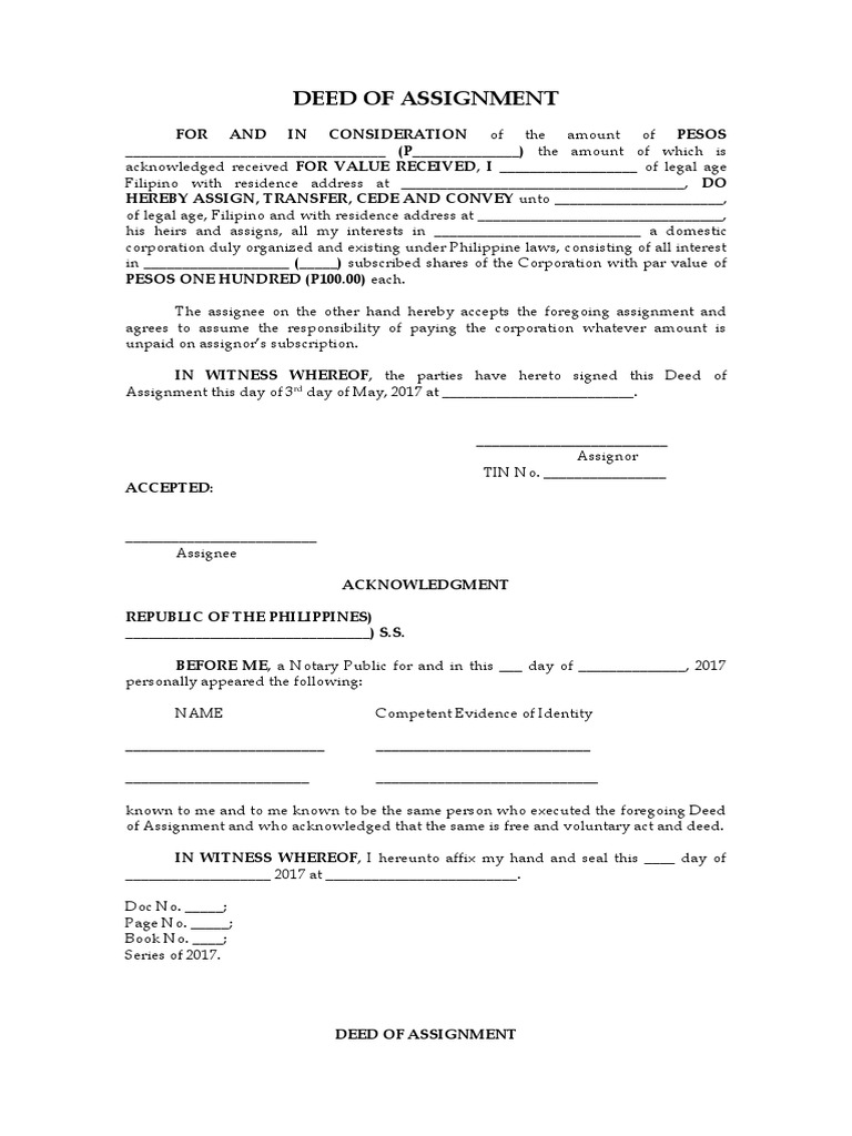 deed of assignment for payment