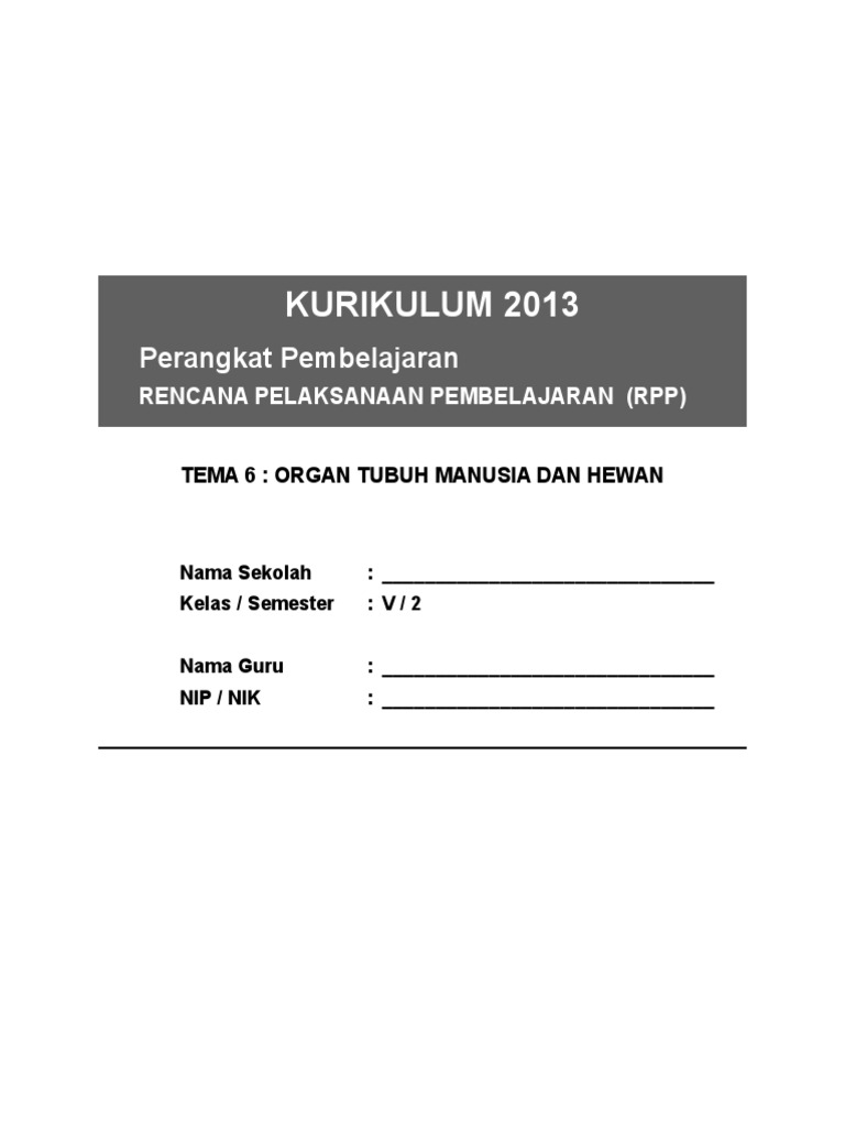 6 RPP SD KELAS 5 SEMESTER 2 Organ Tubuh Manusia Dan Hewandoc