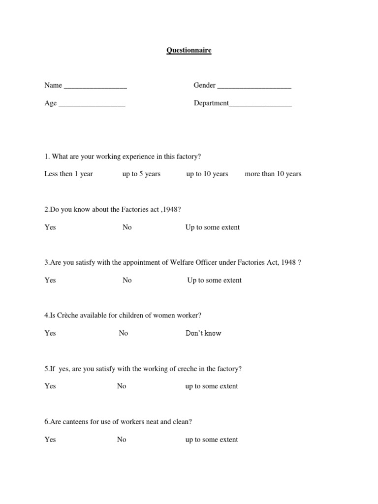 Factory Worker Questionnaire Overview | PDF