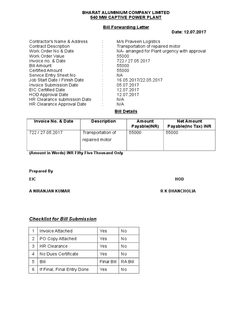 Bill Forwarding for Power Plant Transport | PDF | Invoice | Business ...
