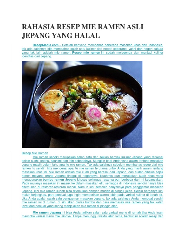 Rahasia Resep Mie Ramen Asli Jepang Yang Halal | PDF | Memasak, Makanan, &  Anggur | Seni & Disiplin Bahasa