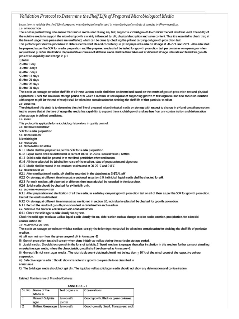 Validation Protocol To Determine The Shelf Life of Prepared
