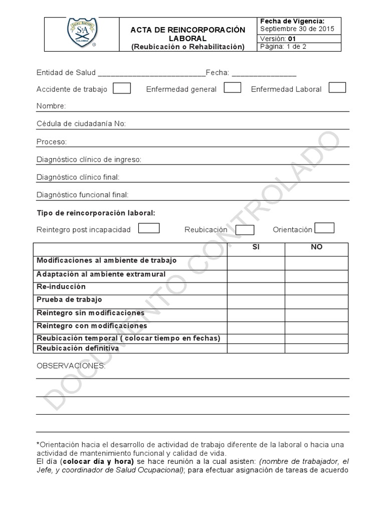 Acta de Reincorporación Laboral | PDF | Diagnostico medico | Cuidado de ...