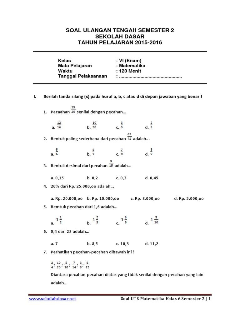 Soal Uts Matematika Kelas 6 Semester 2