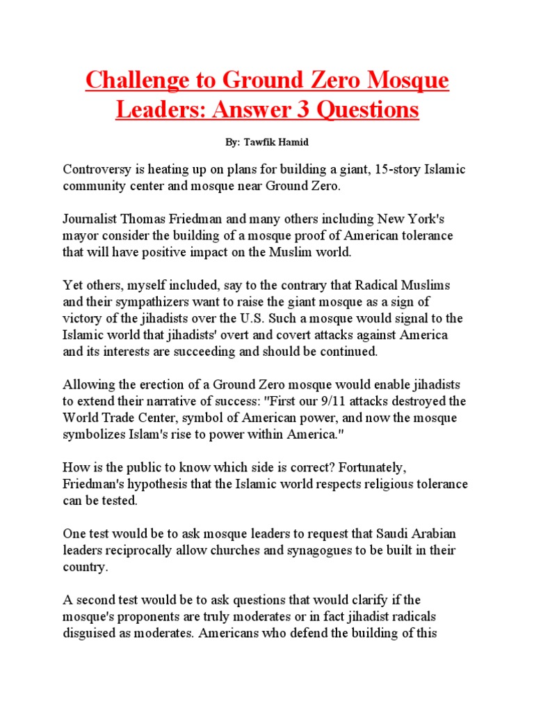 Challenge To Ground Zero Mosque Leaders Answer 3 Questions By Tawfik