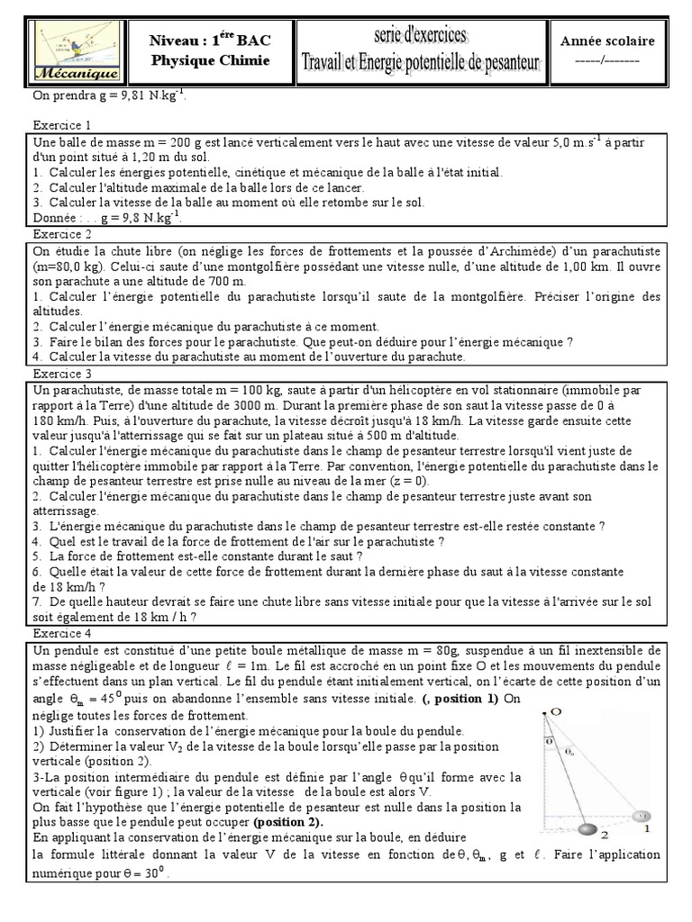 Exercice Corrigé Saut En Parachute Physique 3eme Exercices Travail Et Energie Potentielle de Pesanteur 2 | PDF | Parachutisme  | Pendule (physique)