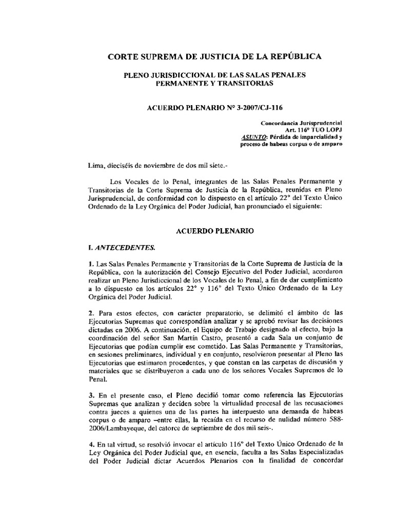 Perdida de Imparcialidad y Proceso de Habeas Corpus o de Amparo | PDF