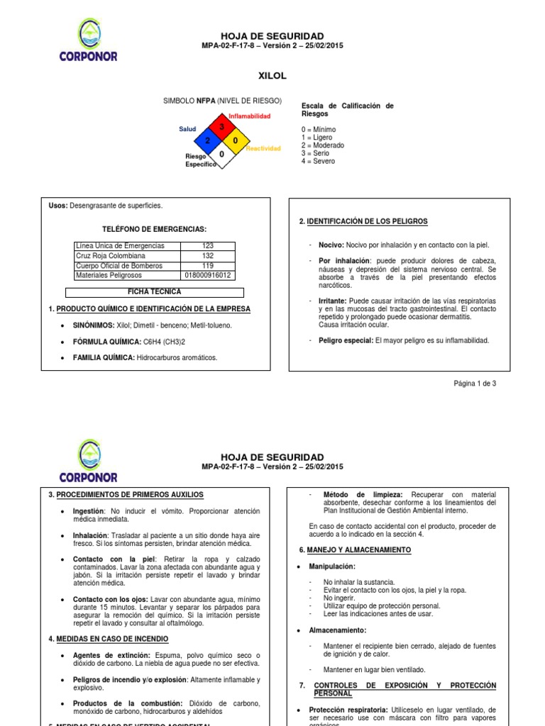 Hoja de Seguridad Xilol PDF Carbón Agua