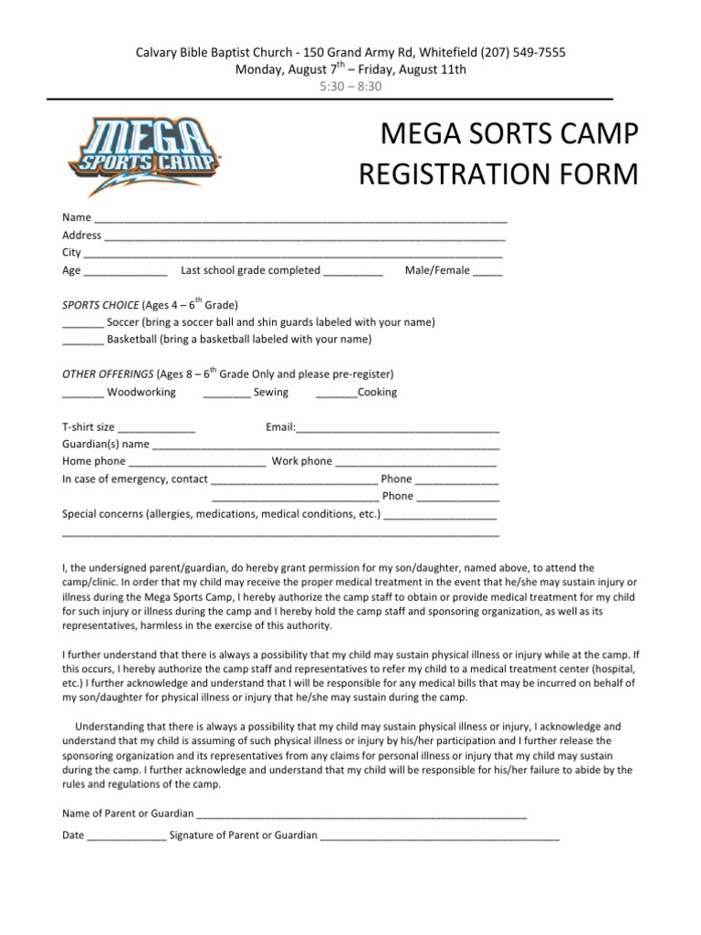 Mega Sorts Camp Registration Form | PDF | Health Sciences | Medicine