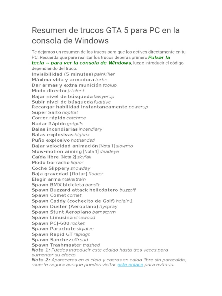 Resumen De Trucos Gta 5 Para Pc En La Consola De Windows