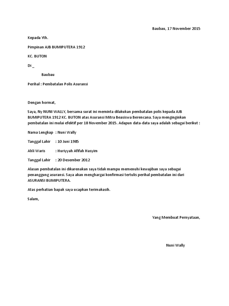 Contoh surat pembatalan polis asuransi