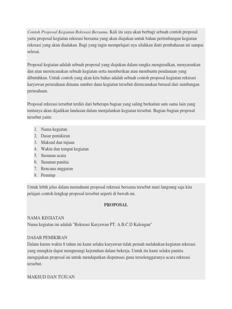 Contoh Proposal Kegiatan Rekreasi Bersama PDF
