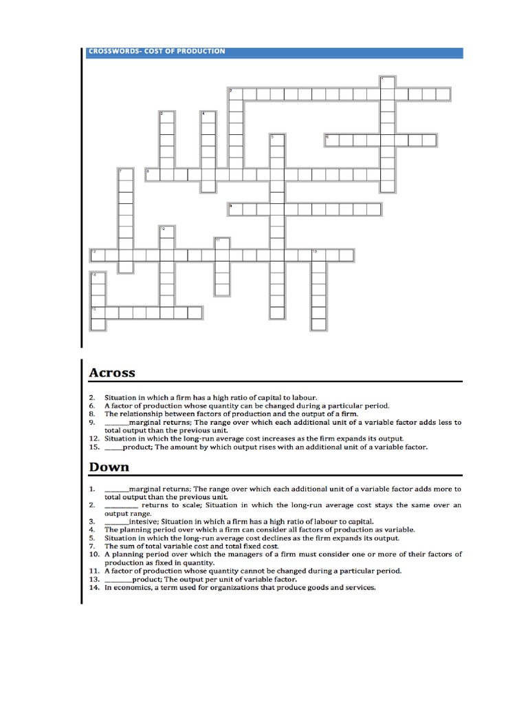 Crossword Puzzle On Cost of Production PDF