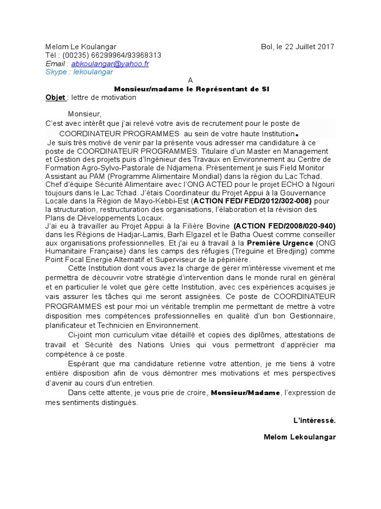 Lettre de Motivation Coordinateur Programme SI 