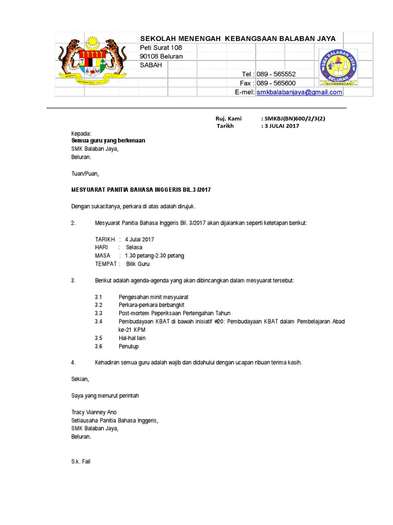 Contoh Surat Mendapat Temujanji Perjumpaan