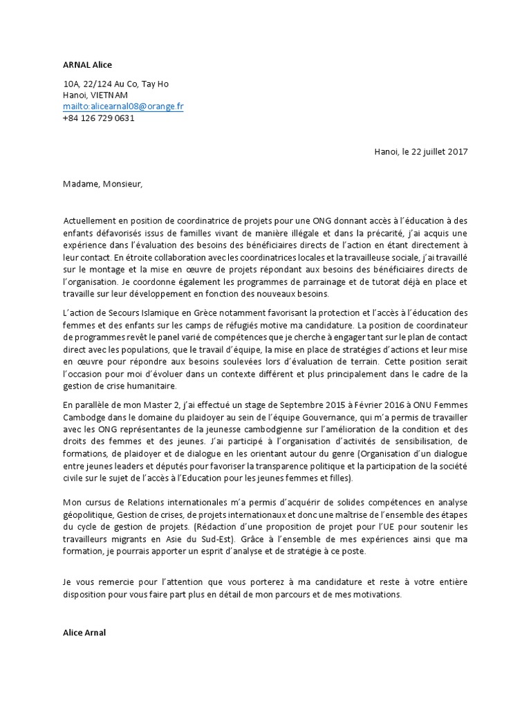 Lettre de Motivation Coordinateur de Programme  Motivation Secours