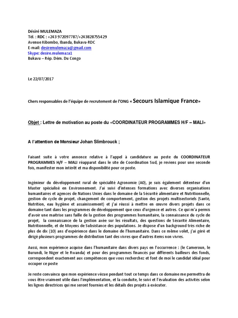 Coordinateur Programme  Mali Lettre de Motivation  Sécurité