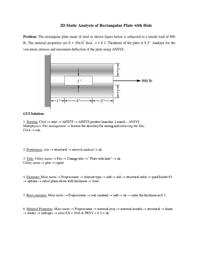 EX03. 2D Static Analysis of Rectangular Plate With Hole | PDF | Stress ...