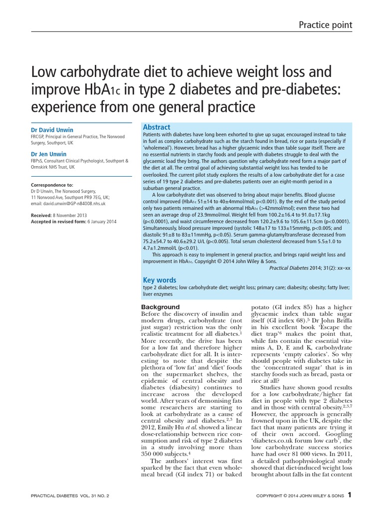 Low Carb Diet For Weight Loss and Diabetes Unwin 2014 PDF Low