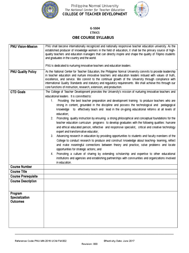 PNU Ethics Course Syllabus 2017 | PDF | Teacher Education | Teachers