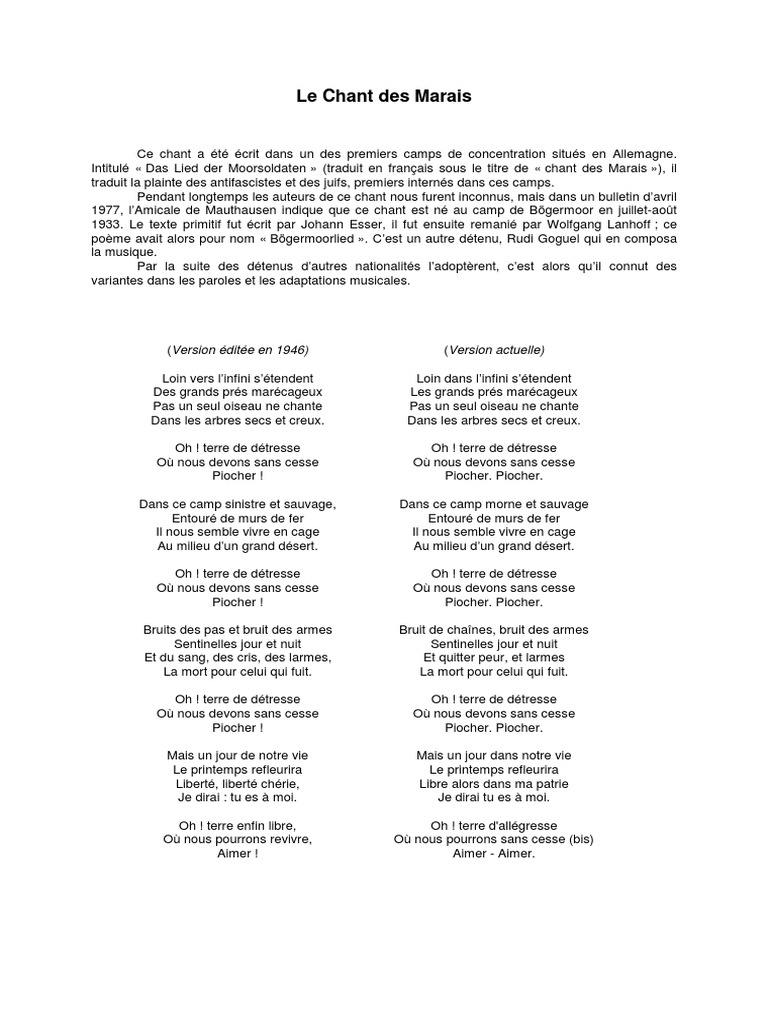 Le Chant Des Partisans Paroles à Imprimer Le Chant Des Marais | PDF | Troubles | Politiques (Général)