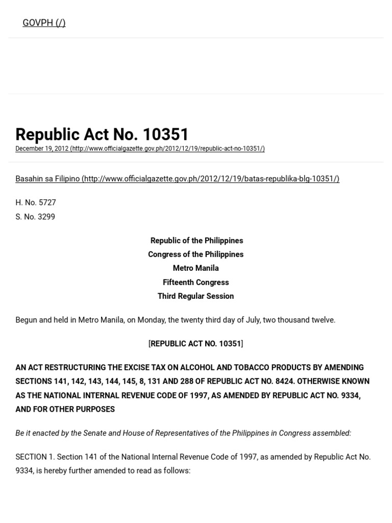 RA 10351: Excise Tax on Alcohol & Tobacco | PDF | Taxes